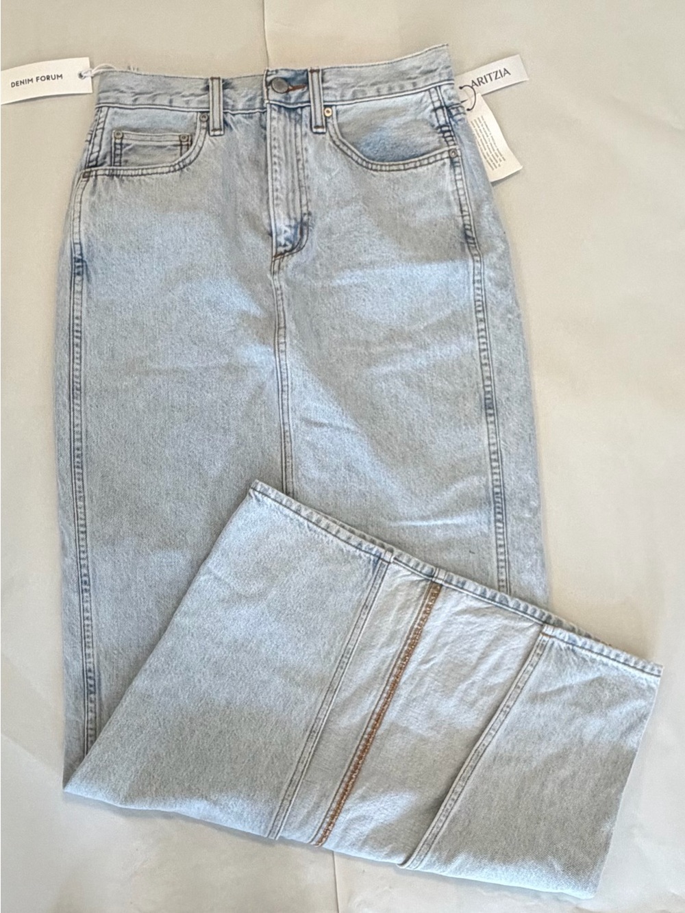 Denim Forum-90’s High Rise Pencil Skirt. Light Wash Denim Extra Long Skirt.
